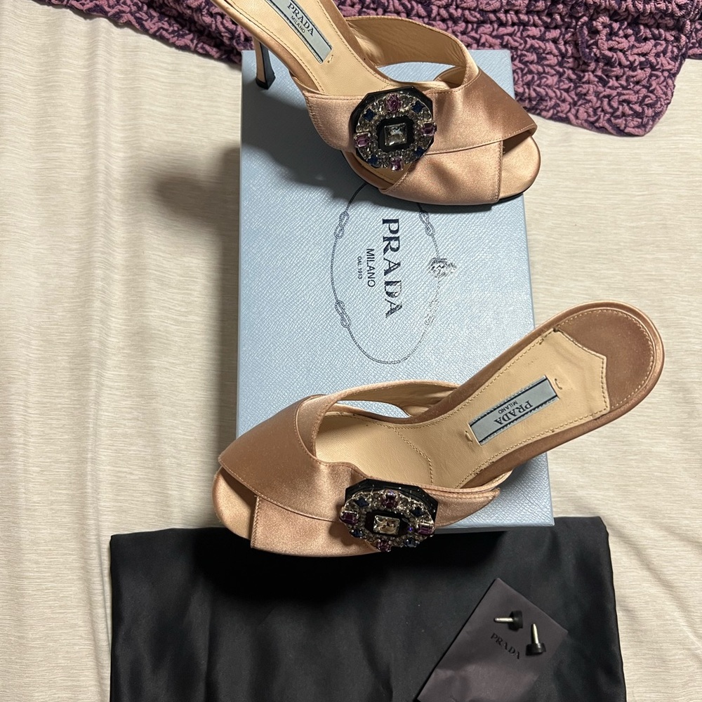 Nude Satin Buckle Prada Heels